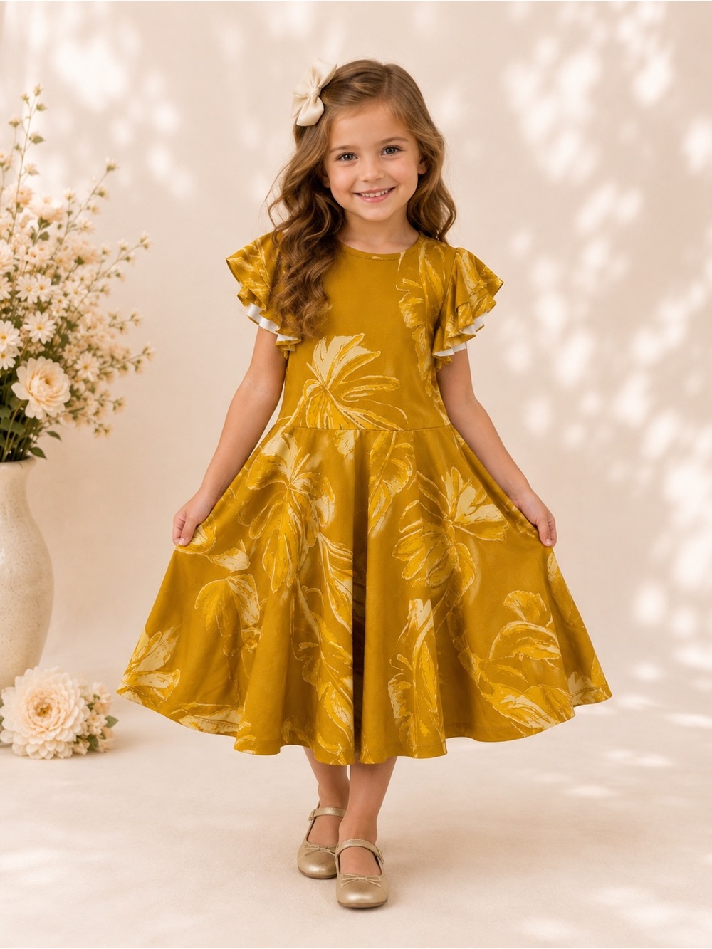 Mia Joy Joyfolie Size 5 Mustard Gold Floral Ruffle Dress NWT